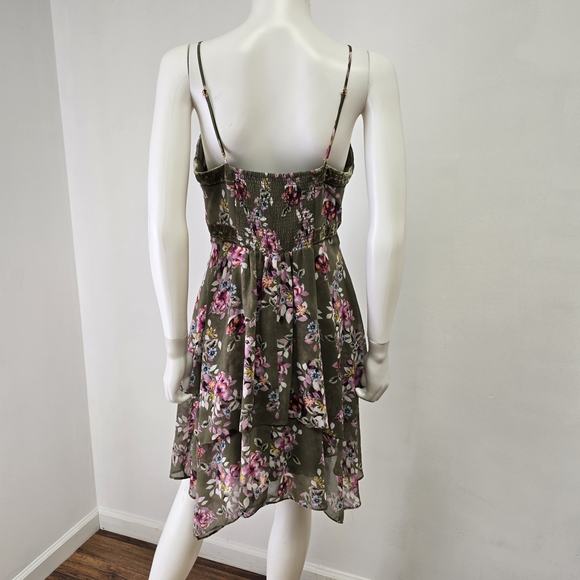 White House Black Market 12P Dress Fairy Floral Velvet Trim Y2K Green Asymmetric - Picture 3 of 16